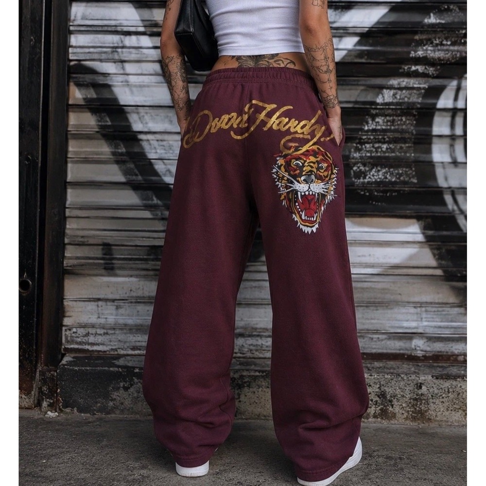 Ed Hardy Sweatpants Women L Burgundy Tiger Graphic Wide Leg Y2K Tattoo Relax EUC
